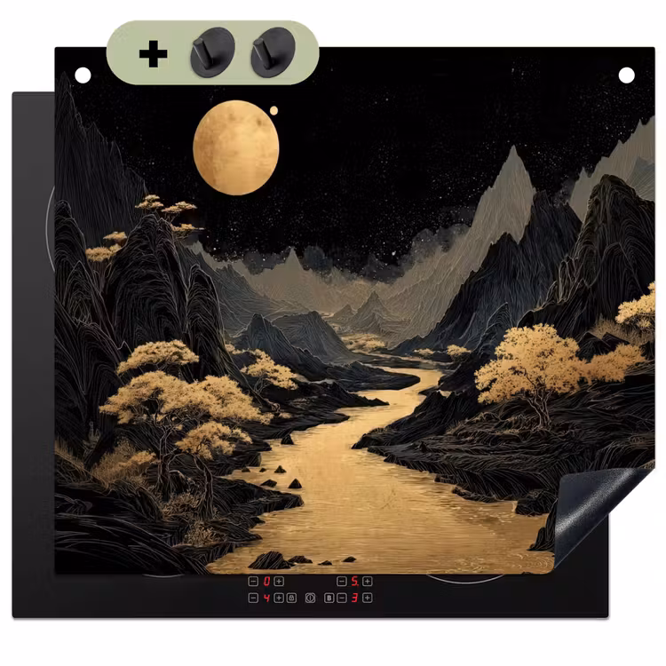 Gouden rivier - Bergen - Maan - Sterrenhemel Inductie beschemer met haakjes middel -3d