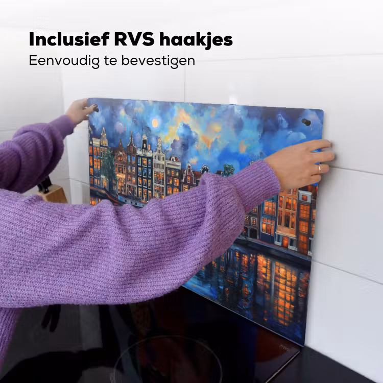 Grachten Amsterdam - Huizen - Stad - Kleurrijk Inductie beschemer met haakjes klein -ky-ophangen-nl