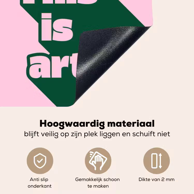 Groen - Teskt - This is art - Roze Inductie beschemer met haakjes klein -ky-onderkant-nl