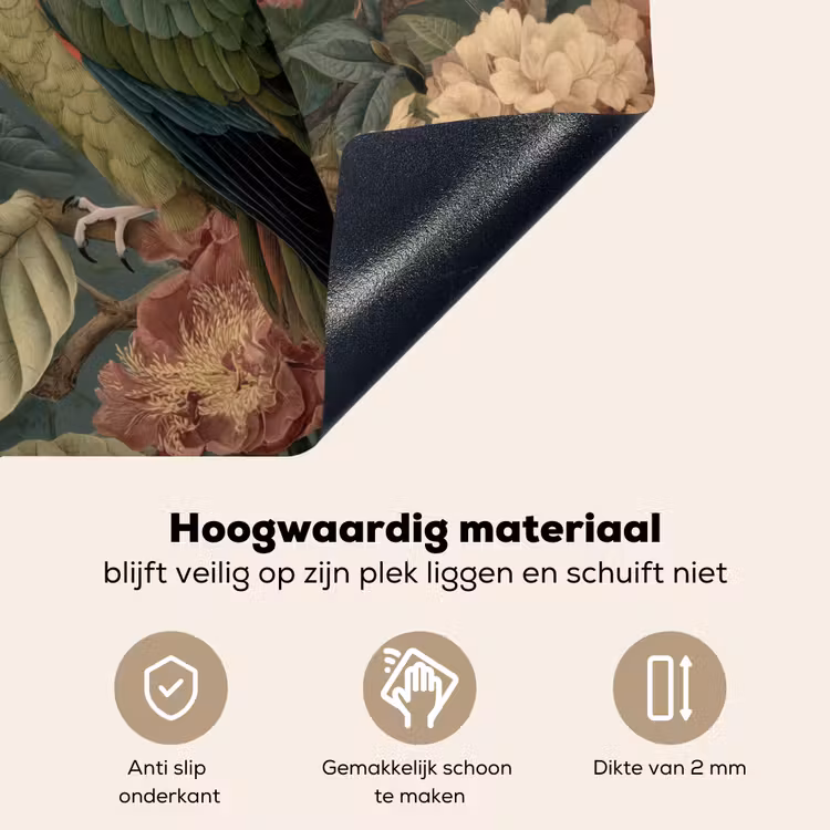 Groene papegaai - Kleurrijke bloemen - Donkere achtergrond Inductie beschemer met haakjes middel -ky-onderkant-nl