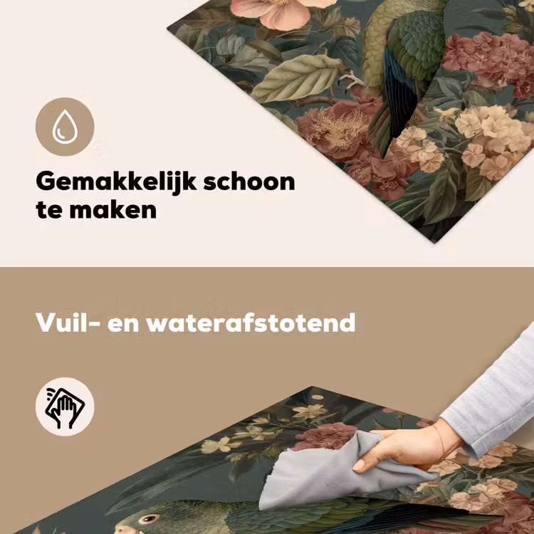 Groene papegaai - Kleurrijke bloemen - Donkere achtergrond Inductie beschemer met haakjes middel -ky-schoon-nl