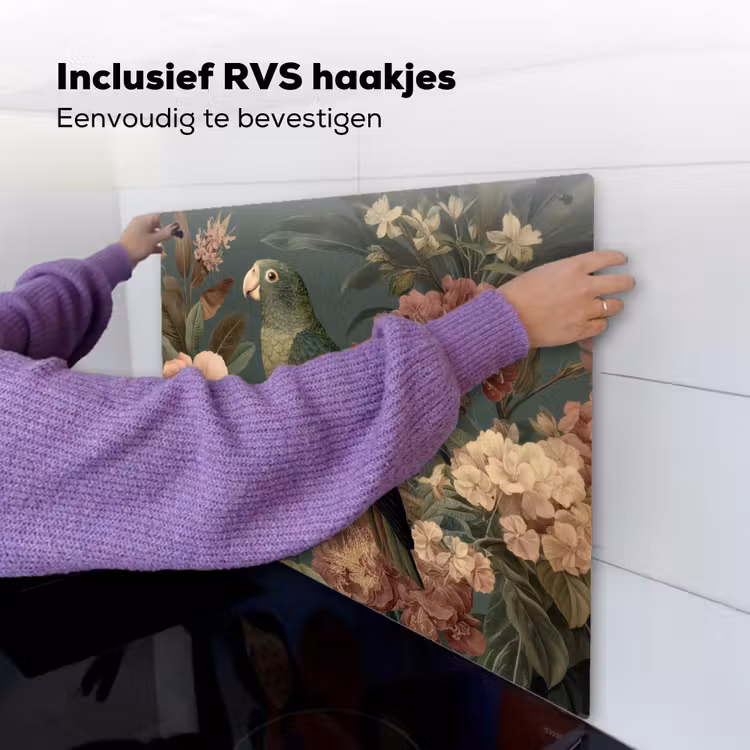 Groene papegaai - Kleurrijke bloemen - Donkere achtergrond Inductie beschemer met haakjes middel -ky-ophangen-nl