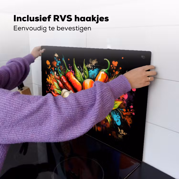 Groente - Peper - Knoflook - Graffiti - Verf - Kleurrijk Inductie beschemer met haakjes klein -ky-ophangen-nl