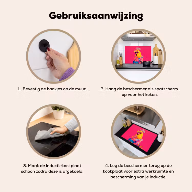 Haan - Kleurrijk - Kimono - Roze Inductie beschemer met haakjes klein -ky-gebruik-nl