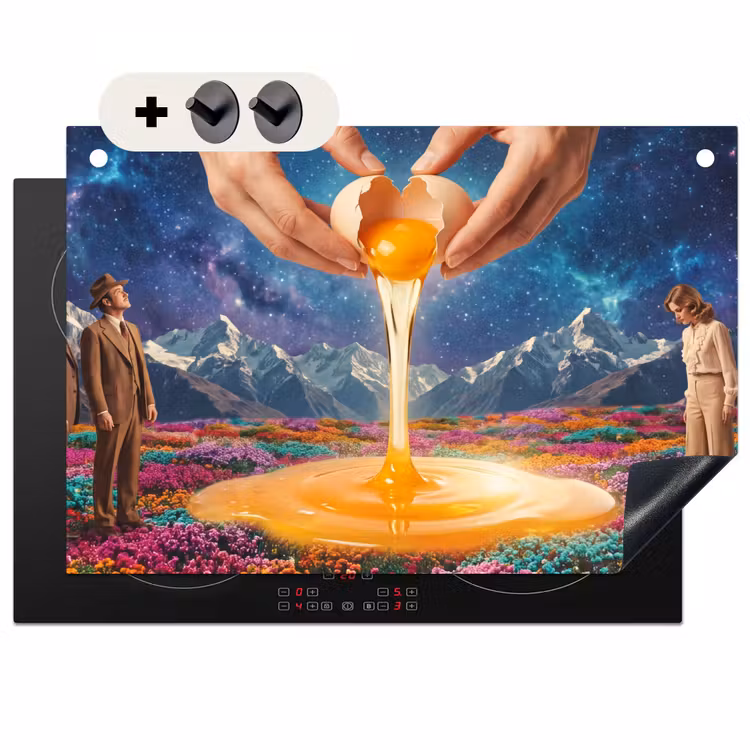 Inductiebeschermer & spatscherm (2in1) - Handen - Ei - Surrealisme - Handen - Ei - Surrealisme Inductie beschemer met haakjes klein