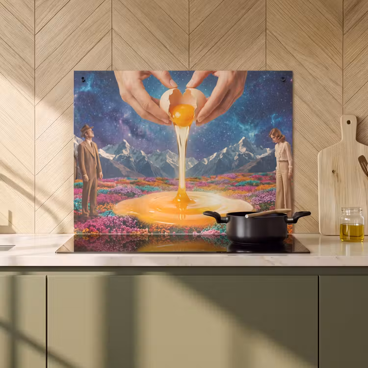 Inductiebeschermer & spatscherm (2in1) - Handen - Ei - Surrealisme - Handen - Ei - Surrealisme Inductie beschemer met haakjes klein