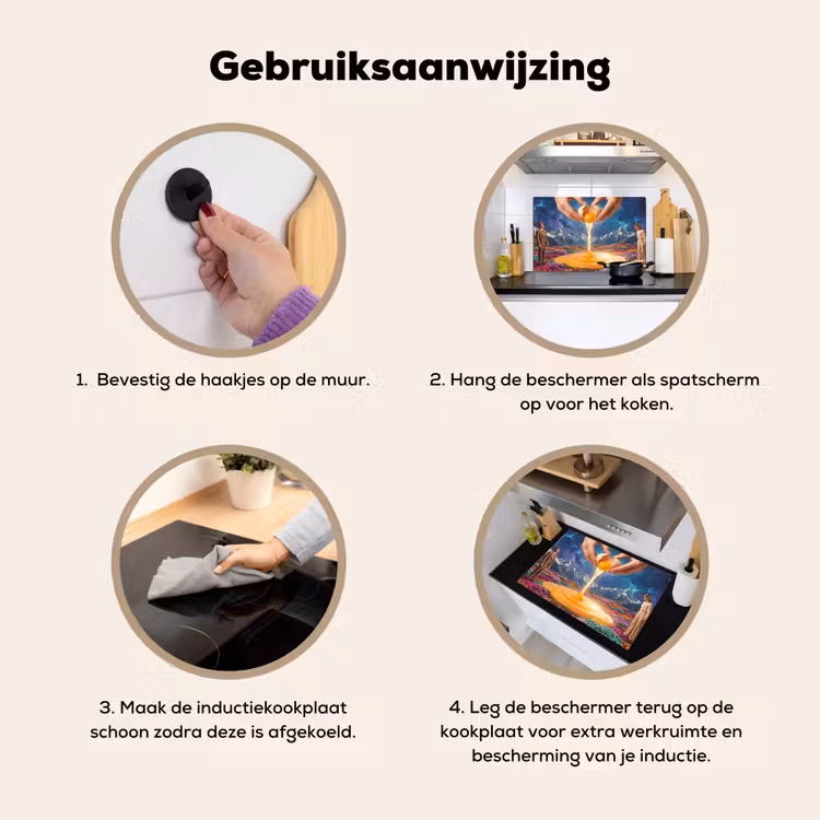 Inductiebeschermer & spatscherm (2in1) - Handen - Ei - Surrealisme - Handen - Ei - Surrealisme Inductie beschemer met haakjes klein