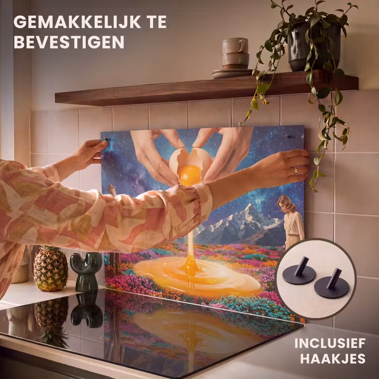 Inductiebeschermer & spatscherm (2in1) - Handen - Ei - Surrealisme - Handen - Ei - Surrealisme Inductie beschemer met haakjes klein