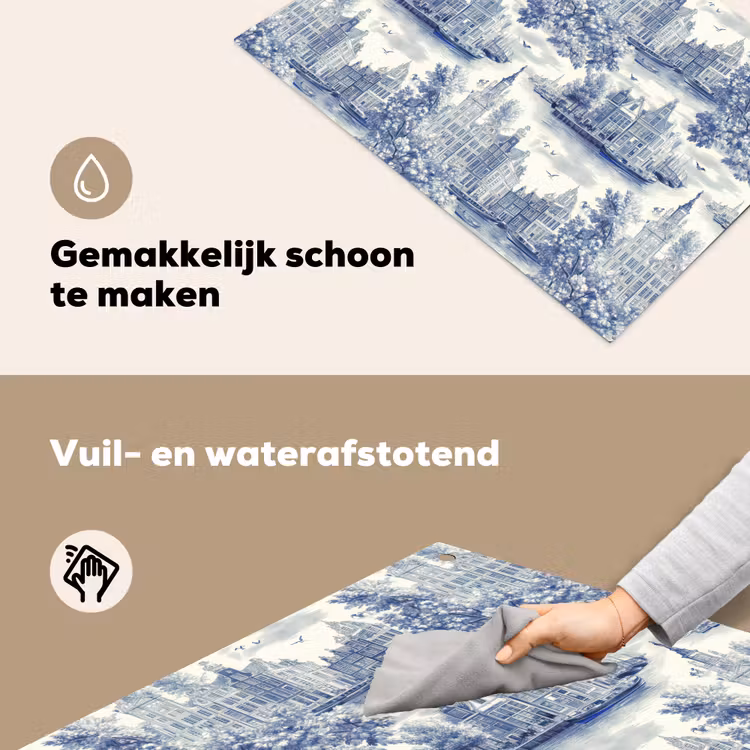 Huizen - Bomen - Water - Vogels - Blauw Inductie beschemer met haakjes klein 777 -ky-schoon-nl