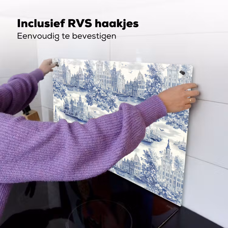 Huizen - Bomen - Water - Vogels - Blauw Inductie beschemer met haakjes klein 777 -ky-ophangen-nl