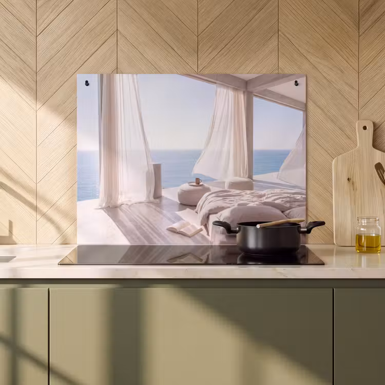 Interieur - Zeezicht - Modern - Rust - Beige Inductie beschemer met haakjes klein -sfeer2