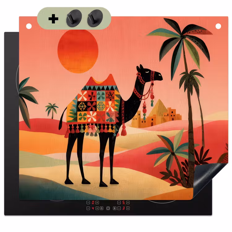 Kameel - Gekleurd tapijt - Duinen - Rode zon Inductie beschemer met haakjes middel -3d