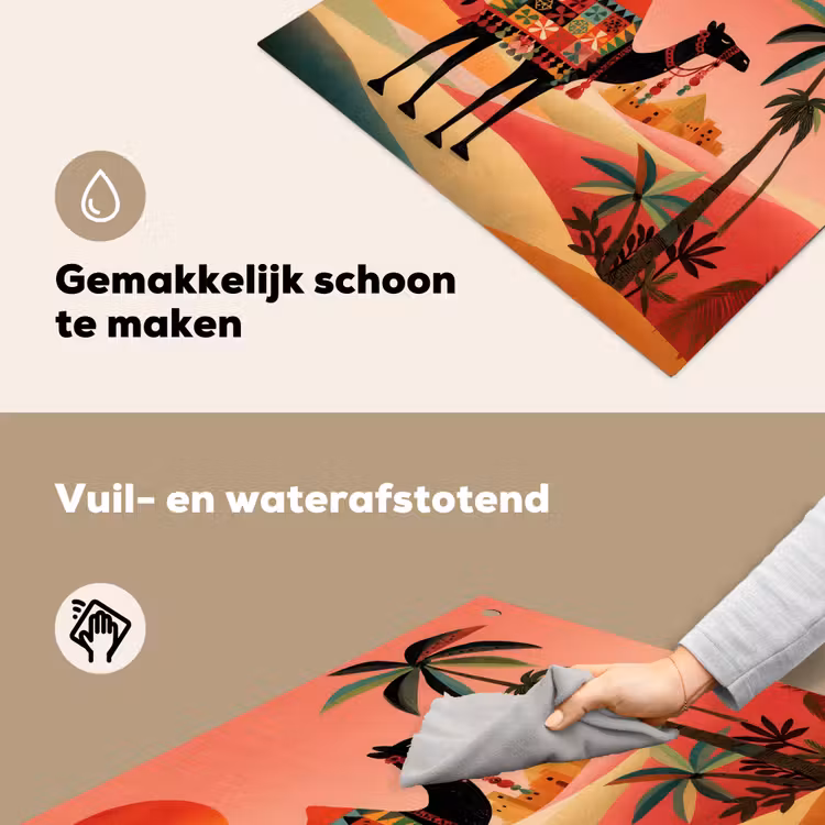Kameel - Gekleurd tapijt - Duinen - Rode zon Inductie beschemer met haakjes middel -ky-schoon-nl
