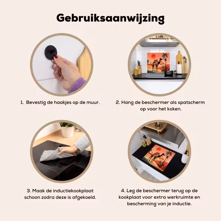 Kameel - Gekleurd tapijt - Duinen - Rode zon Inductie beschemer met haakjes middel -ky-gebruik-nl