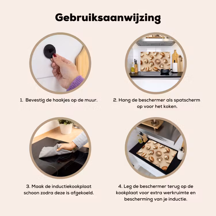 Kastanje Champignons - Beige Inductie beschemer met haakjes klein -ky-gebruik-nl