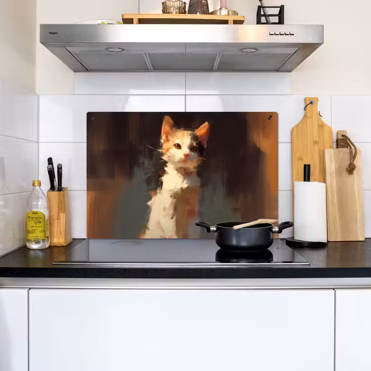 Kat - Geschilderd - Artistiek - Wit Inductie beschemer met haakjes klein -sfeer2