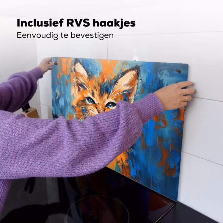 Kat - Kleurrijk - Oranje - Blauw Inductie beschemer met haakjes klein -ky-ophangen-nl