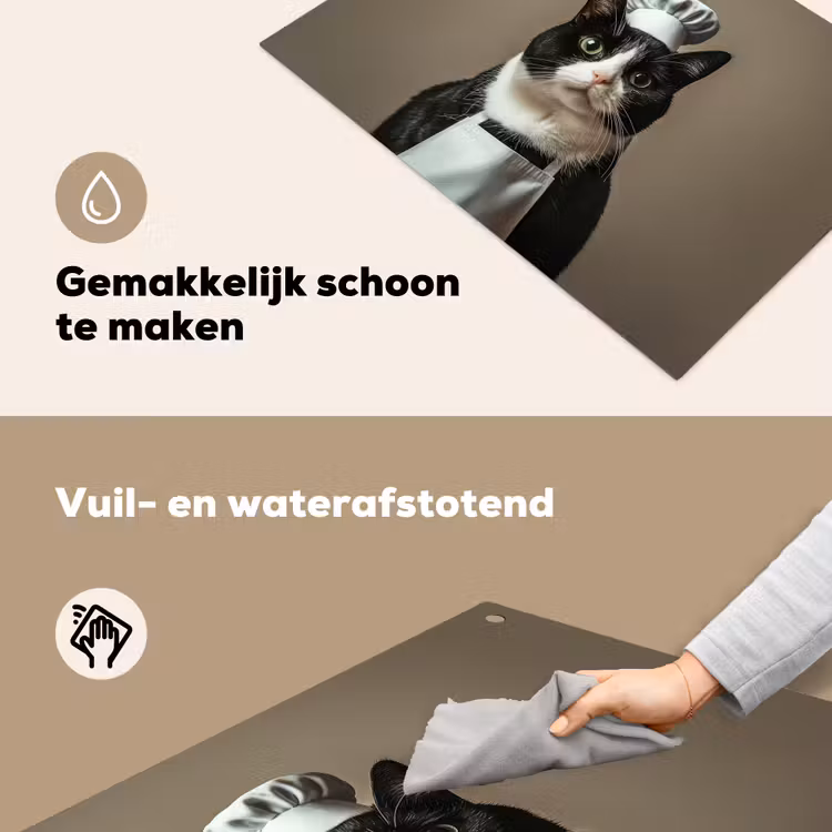 Kat - Kokskleding - Zwart - Wit Inductie beschemer met haakjes klein -ky-schoon-nl