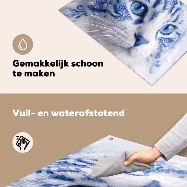 Kat - Patroon - Blauw Inductie beschemer met haakjes klein -ky-schoon-nl