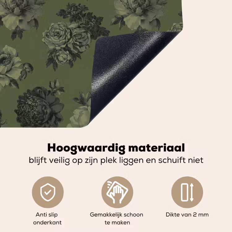 Klassiek - botanisch - olijfgroen - bloemen Inductie beschemer met haakjes klein 777 -ky-onderkant-nl