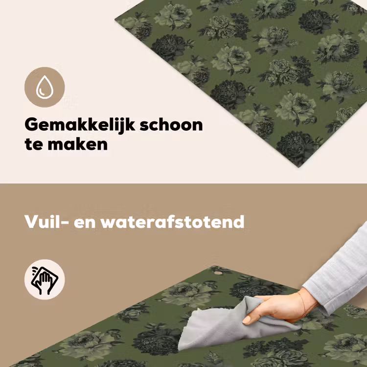 Klassiek - botanisch - olijfgroen - bloemen Inductie beschemer met haakjes klein 777 -ky-schoon-nl