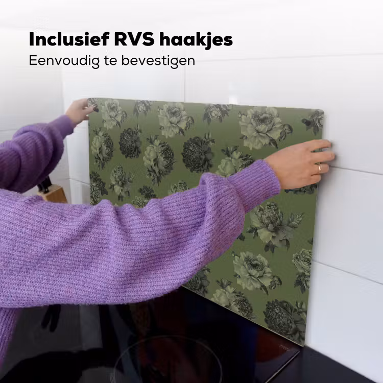 Klassiek - botanisch - olijfgroen - bloemen Inductie beschemer met haakjes klein 777 -ky-ophangen-nl