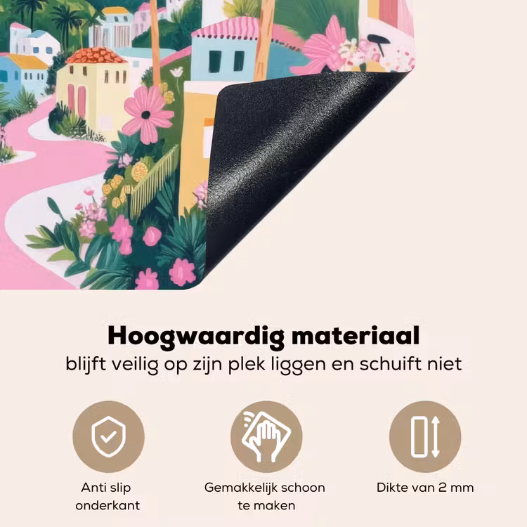 Kleurrijk - Huizen - Heuvels - Roze Inductie beschemer met haakjes klein -ky-onderkant-nl
