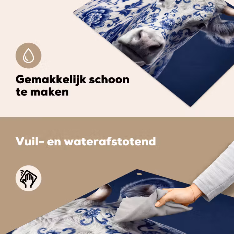 Koe - Delfts - Blauw - Artistiek Inductie beschemer met haakjes klein -ky-schoon-nl
