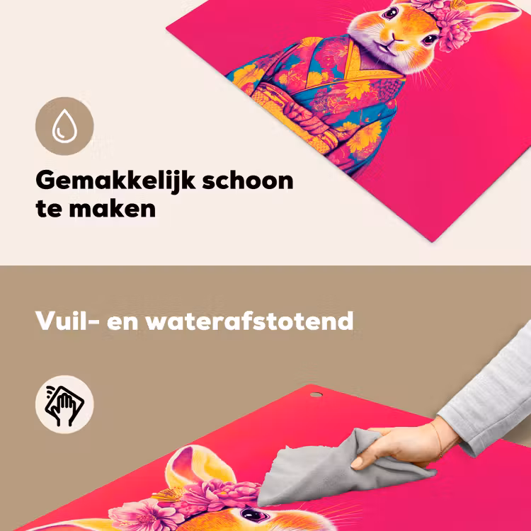Konijn - Bloemen - Kleurrijk - Kimono Inductie beschemer met haakjes klein -ky-schoon-nl