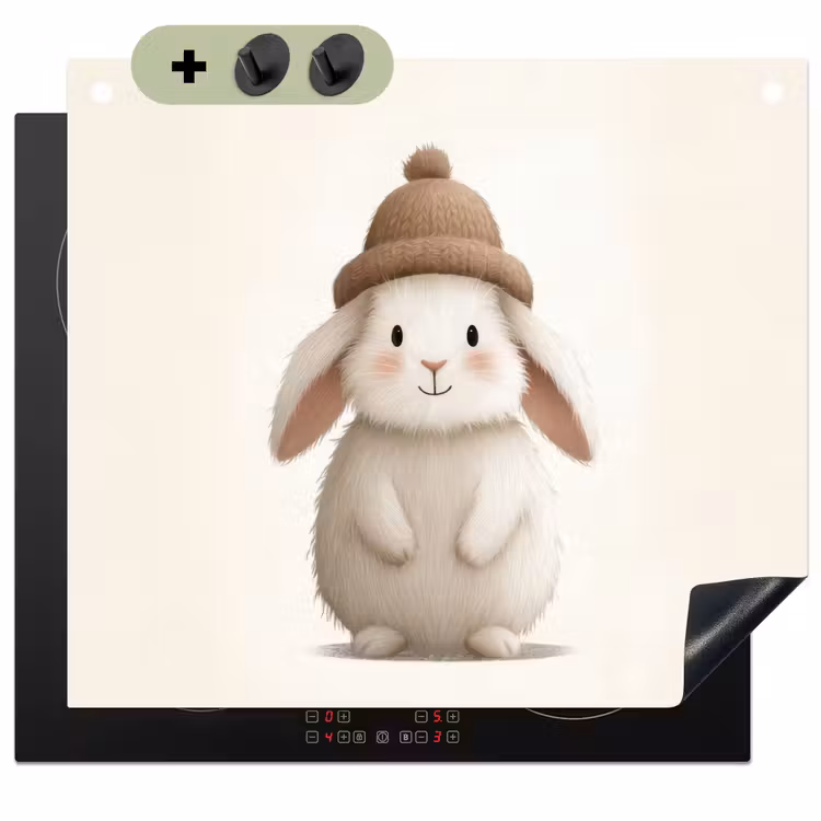 Konijn - Muts - Oren - Beige Inductie beschemer met haakjes middel -3d