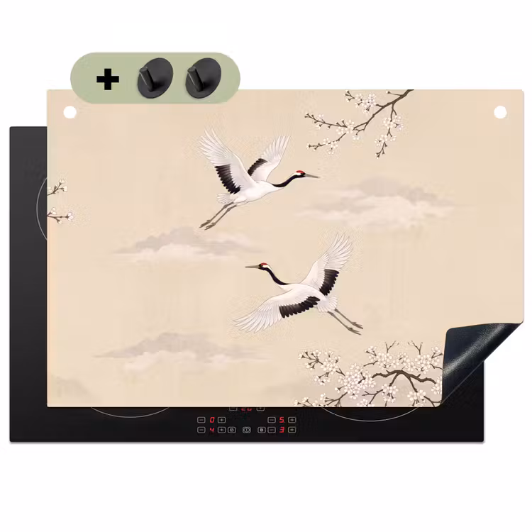 Kraanvogels - Bloesem - Beige Inductie beschemer met haakjes klein -3d