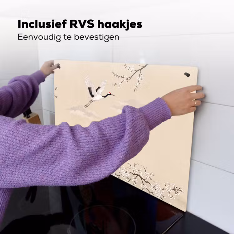 Kraanvogels - Bloesem - Beige Inductie beschemer met haakjes klein -ky-ophangen-nl