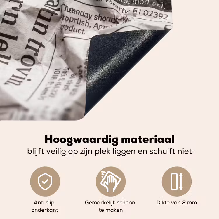 Krant - Gekreukeld - Textuur - Vintage - Zwart-wit Inductie beschemer met haakjes klein -ky-onderkant-nl