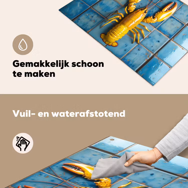 Kreeft - Geel - Blauw - Tegels Inductie beschemer met haakjes klein -ky-schoon-nl