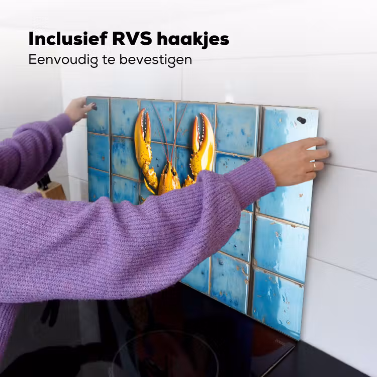 Kreeft - Geel - Blauw - Tegels Inductie beschemer met haakjes klein -ky-ophangen-nl