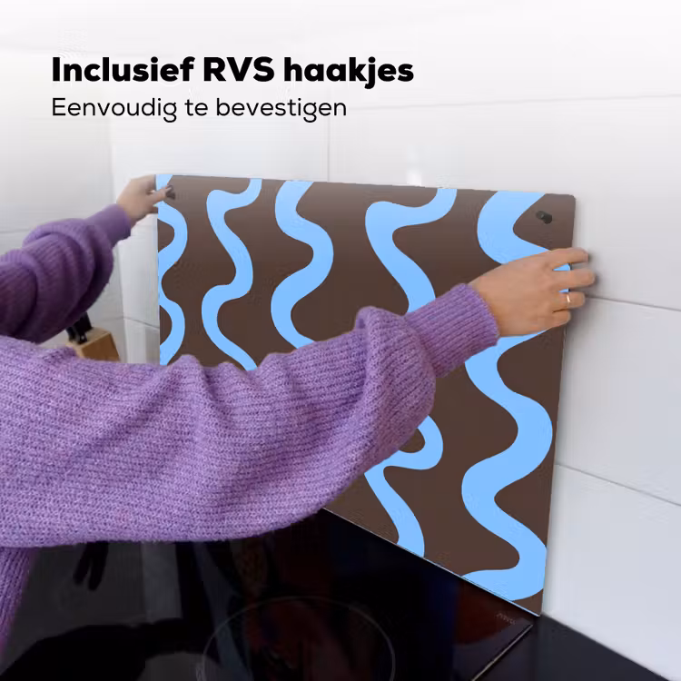 Kronkelende lijnen - Blauw - Bruin - Minimalistisch Inductie beschemer met haakjes klein 777 -ky-ophangen-nl