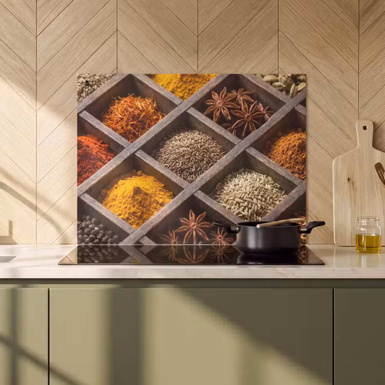 Inductiebeschermer & spatscherm (2in1) - Kruiden - Houten - Eten — 2