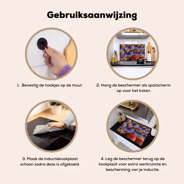 Inductiebeschermer & spatscherm (2in1) - Kruiden - Manden - Markt - Kruiden - Manden - Markt Inductie beschemer met haakjes klein