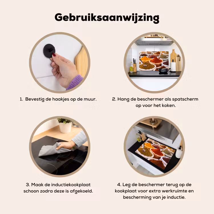 Inductiebeschermer & spatscherm (2in1) - Kruiden - Markt - Eten - Kruiden - Markt - Eten Inductie beschemer met haakjes klein