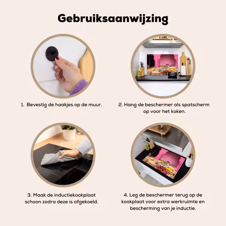 Inductiebeschermer & spatscherm (2in1) - Kruiden - Markt - Roze - Kruiden - Markt - Roze Inductie beschemer met haakjes klein