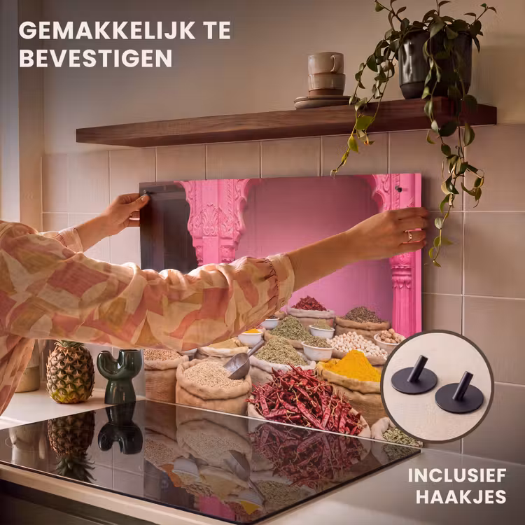 Inductiebeschermer & spatscherm (2in1) - Kruiden - Markt - Roze - Kruiden - Markt - Roze Inductie beschemer met haakjes klein