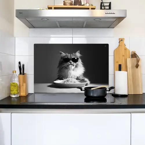 Langharige kat - Zonnebril - Spaghetti - Humor - Zwart - wit Inductie beschemer met haakjes klein -sfeer2