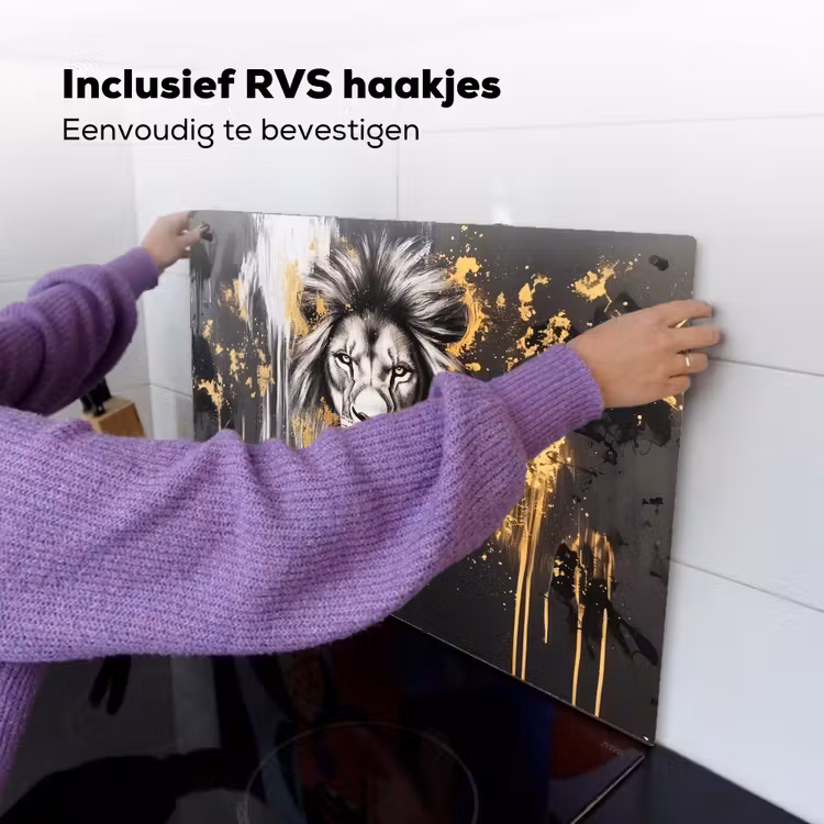 Leeuw - Portret - Verfspatten - Grijs Inductie beschemer met haakjes klein -ky-ophangen-nl