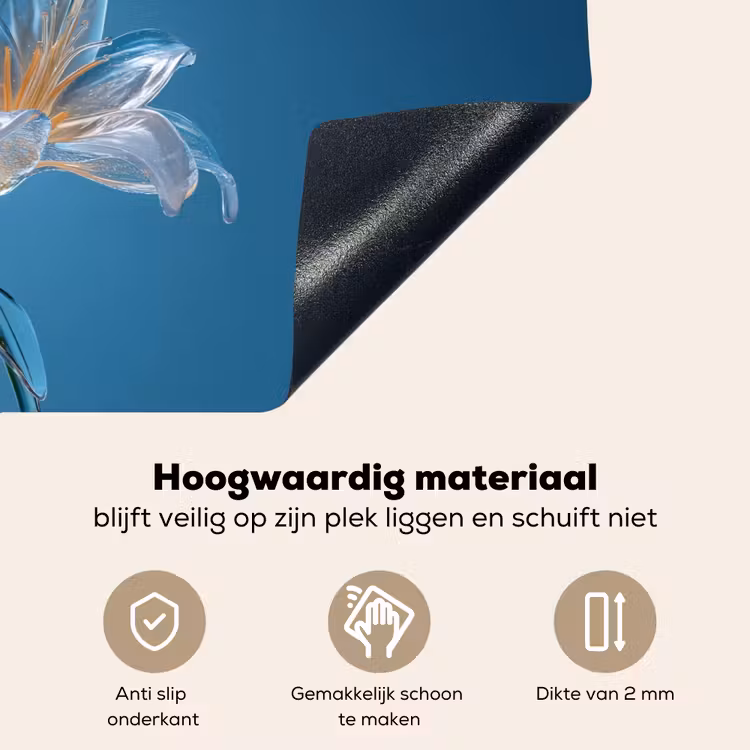 Lelies - Blauw - Glazen Inductie beschemer met haakjes klein -ky-onderkant-nl