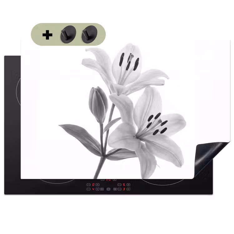Lelies - Elegant - Zwart - Wit Inductie beschemer met haakjes klein -3d