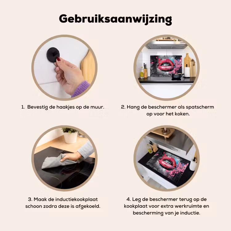 Lippen - Felroze - Graffiti - Verfstrepen Inductie beschemer met haakjes klein -ky-gebruik-nl