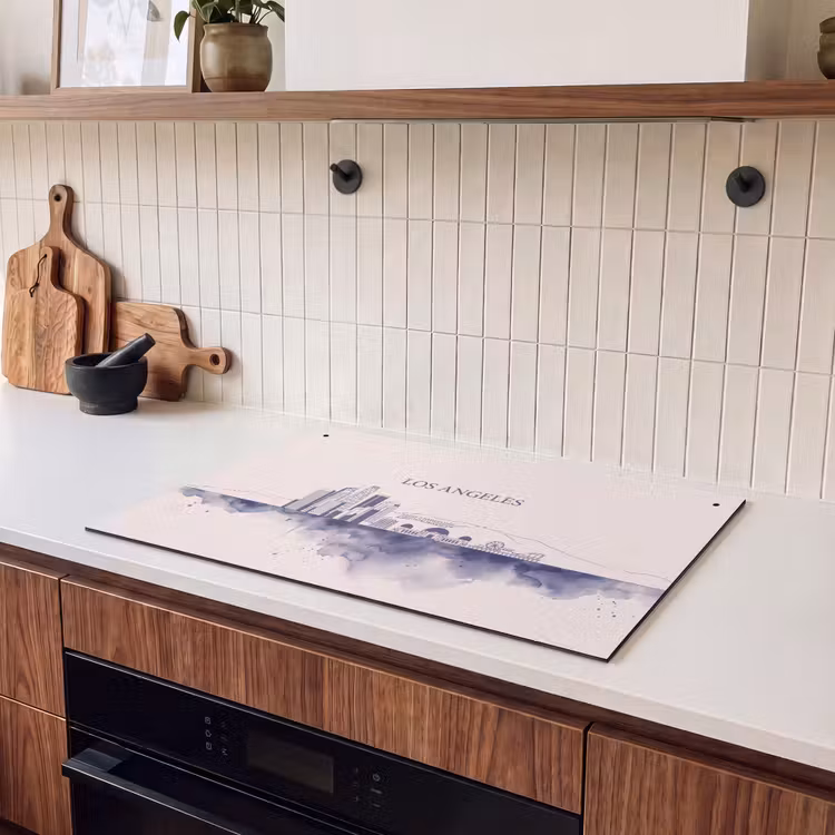 Los Angeles - Skyline - Architectuur - Aquarel - Blauw Inductie beschemer met haakjes klein -sfeer1