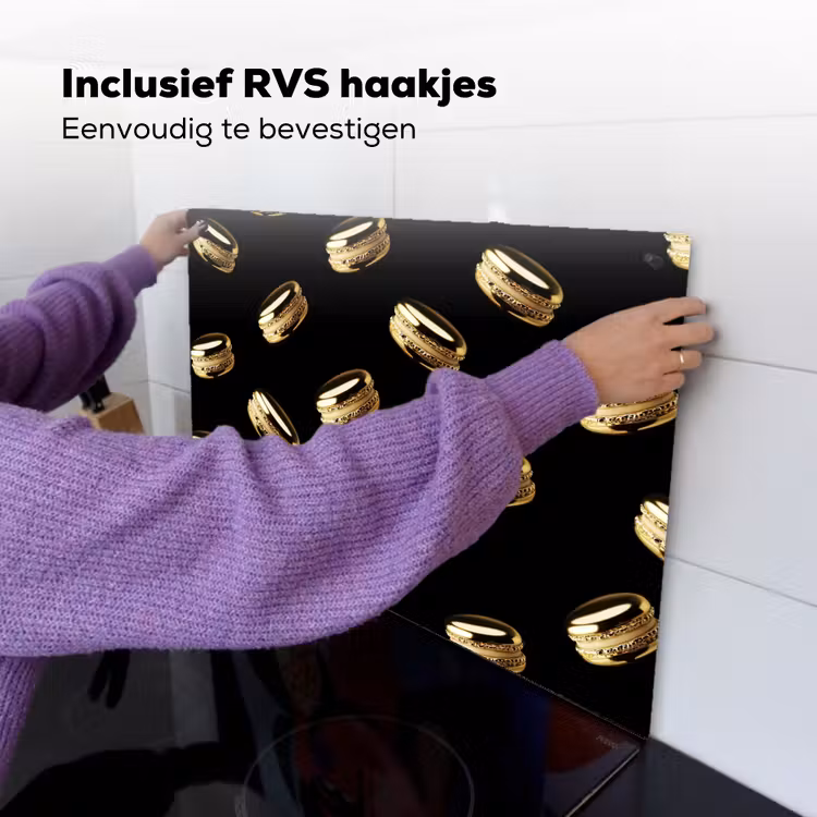Macarons - Patroon - Goud - Zwart Inductie beschemer met haakjes klein -ky-ophangen-nl