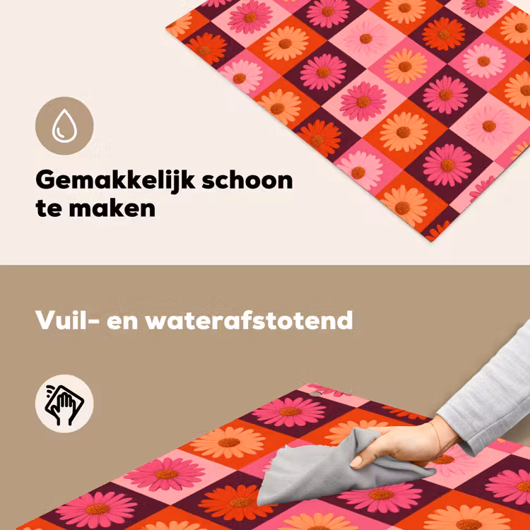 Madeliefjes - Dambord - Retro - Roze - Oranje Inductie beschemer met haakjes klein 777 -ky-schoon-nl