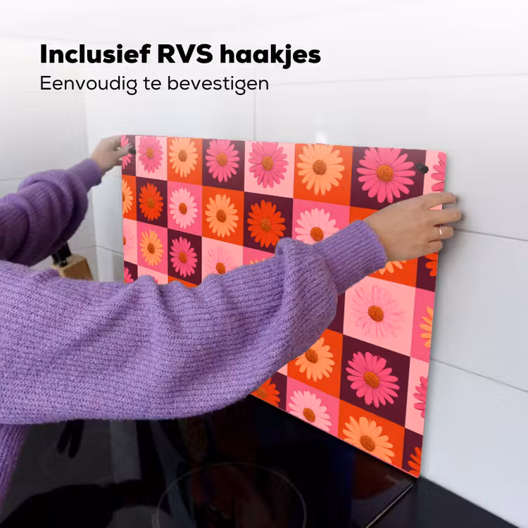 Madeliefjes - Dambord - Retro - Roze - Oranje Inductie beschemer met haakjes klein 777 -ky-ophangen-nl